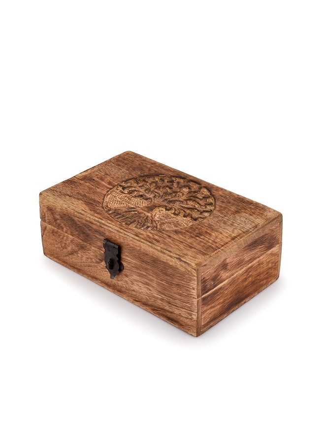 Handmade Mango Wood Tree of Life Carved Jewelry Storage Box, Flame Processed - Image 3
