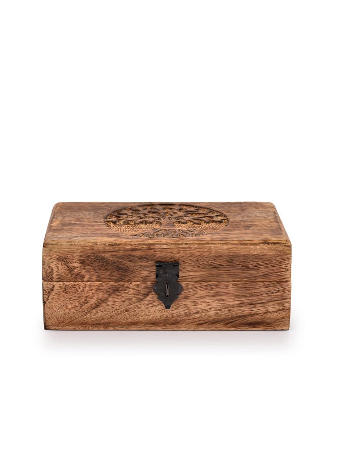 Handmade Mango Wood Tree of Life Carved Jewelry Storage Box, Flame Processed - Image 2