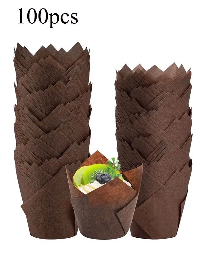 واي جيه 100 قطعة من بطانات كب كيك على شكل توليب بنية للفطائر، مثالية للحفلات والعطلات والكب كيك المصنوع منزليًا والمخابز - Image 1