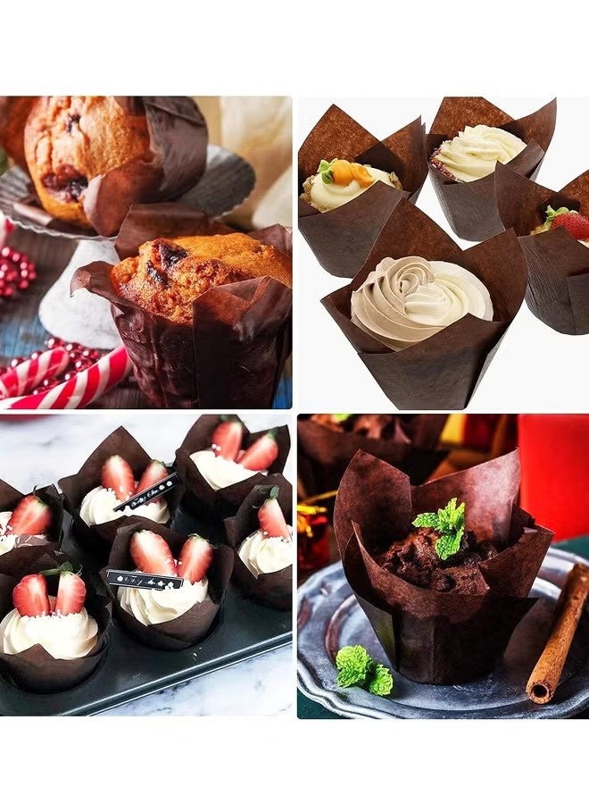 واي جيه 100 قطعة من بطانات كب كيك على شكل توليب بنية للفطائر، مثالية للحفلات والعطلات والكب كيك المصنوع منزليًا والمخابز - Image 4