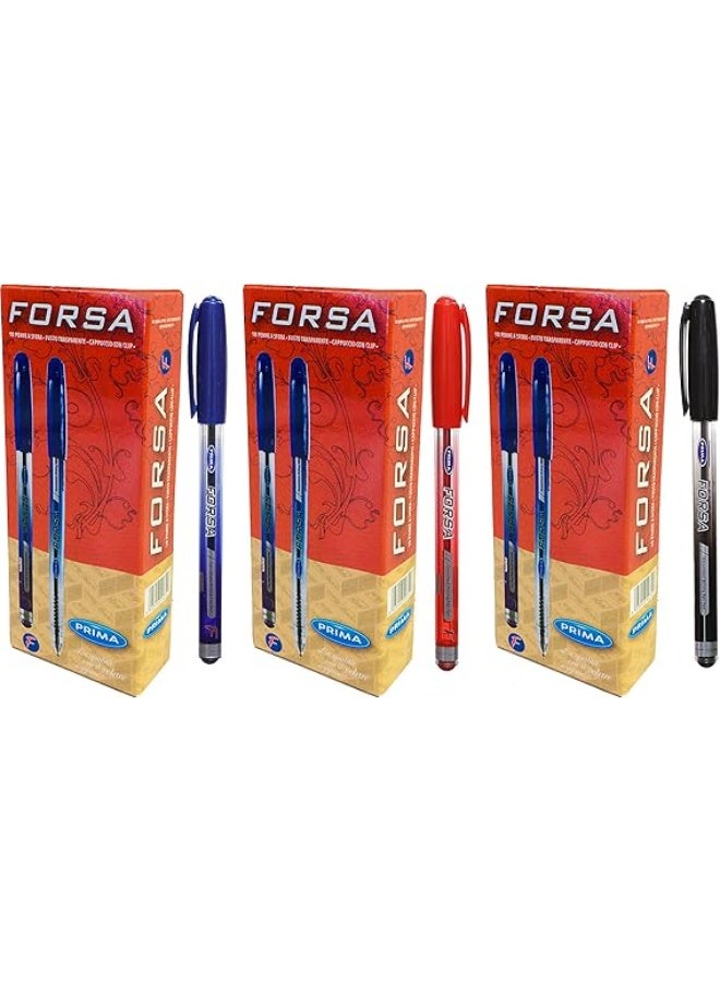 بريما مجموعة من 3 عبوات من أقلام Prima Forsa 0.7 مم (أزرق، أسود، أحمر) 30 قلمًا - Image 1