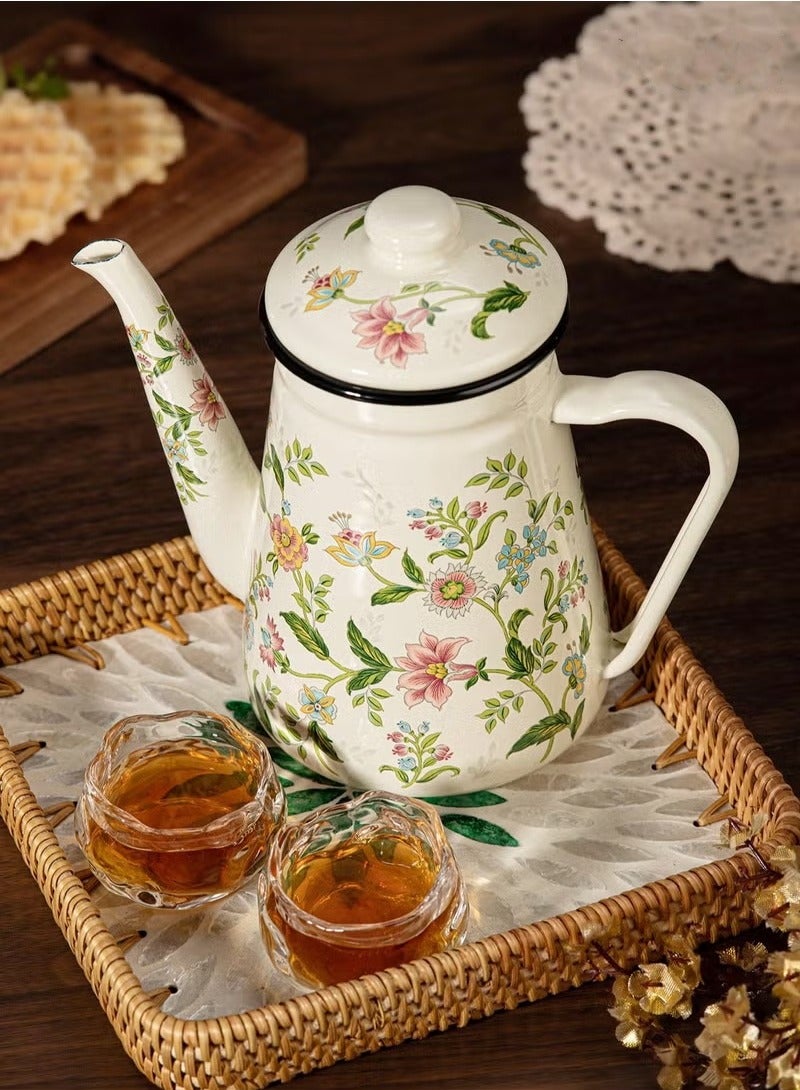 ELFSA 1pc Enamel Coffee Pot,Floral Pattern Pour-Over Kettle,1.1L Large Capacity Coffee Pot,Handle Pot Coffee Pot Narrow Mouth Oil Pot Boiling Pot,Home Boiling Pot, Tea Pot,Suitable For Electric Stove Gas Brewing Coffee Or Tea - Image 3