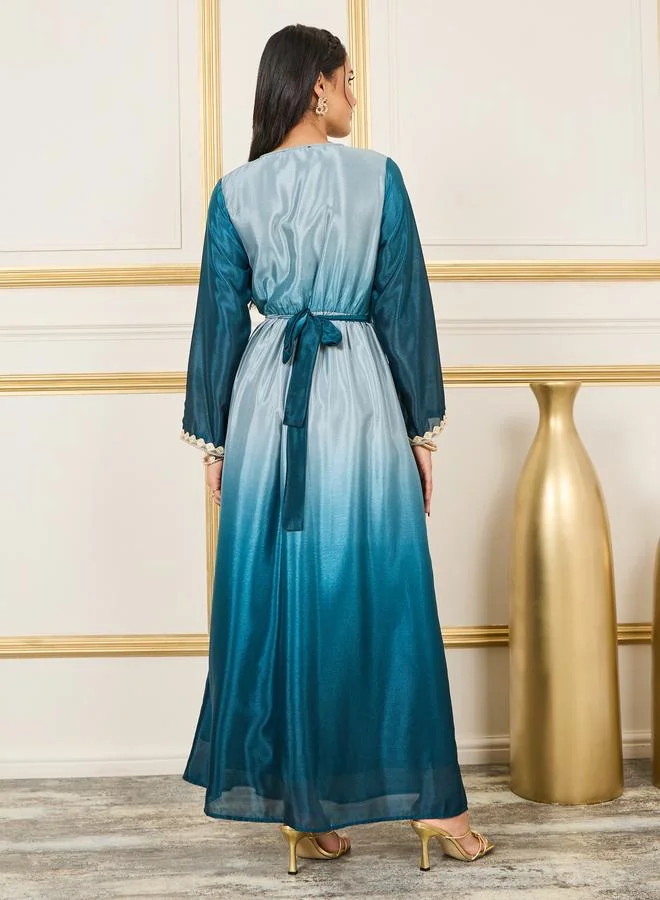 Styli Styli Embroidered Lace Ombre Belted A-Line Maxi Dress