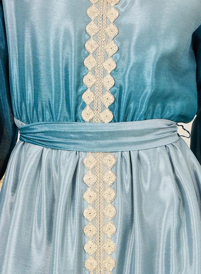 Styli Styli Embroidered Lace Ombre Belted A-Line Maxi Dress