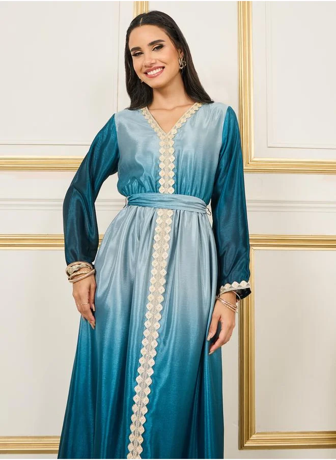 ستايلي Styli Embroidered Lace Ombre Belted A-Line Maxi Dress
