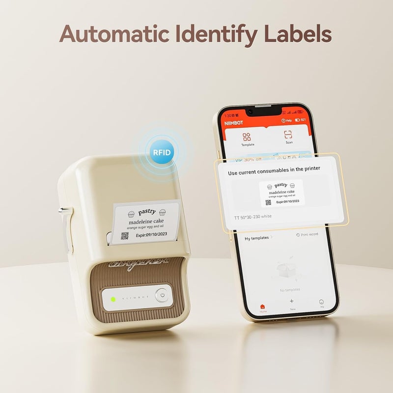 طابعة ملصقات B21، طابعة ملصقات حرارية، طابعة ملصقات محمولة بدون حبر للمنزل/المكتب/الأعمال، مع حزمة واحدة من الملصقات البيضاء 50x30 مم، متوافقة مع iOS و Android، (أبيض) - Image 5
