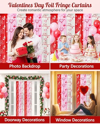 INPLUSTOP Valentines Party Decorations Foil Fringe Curtains Backdrop, 2 Pack 3.3 x 6.6 FT Galentines Day Decorations Red Pink Silver Tinsel Streamer, Valentines Day Photo Backdrop Wedding Party Decorations - Image 4