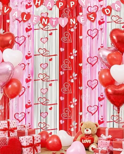 INPLUSTOP Valentines Party Decorations Foil Fringe Curtains Backdrop, 2 Pack 3.3 x 6.6 FT Galentines Day Decorations Red Pink Silver Tinsel Streamer, Valentines Day Photo Backdrop Wedding Party Decorations - Image 5