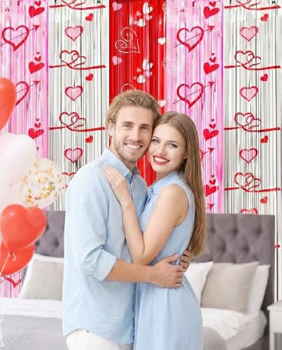 INPLUSTOP Valentines Party Decorations Foil Fringe Curtains Backdrop, 2 Pack 3.3 x 6.6 FT Galentines Day Decorations Red Pink Silver Tinsel Streamer, Valentines Day Photo Backdrop Wedding Party Decorations - Image 2