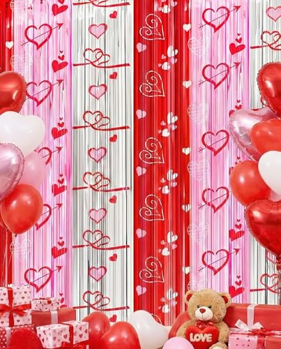 INPLUSTOP Valentines Party Decorations Foil Fringe Curtains Backdrop, 2 Pack 3.3 x 6.6 FT Galentines Day Decorations Red Pink Silver Tinsel Streamer, Valentines Day Photo Backdrop Wedding Party Decorations - Image 1
