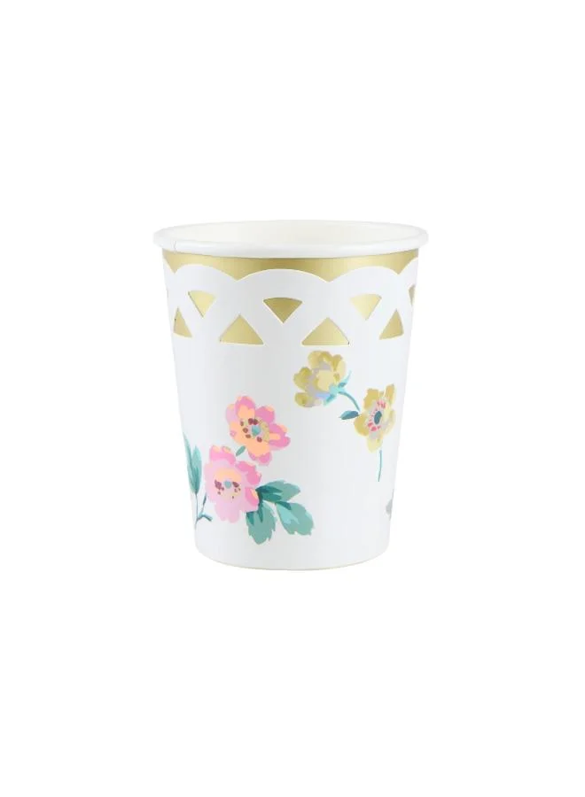 Basketweave Floral Cups - Pack of 8 Paper Cups with Cut-Out Basketweave Wrap & Champagne Foil, Elegant Hot & Cold Drinkware for Parties