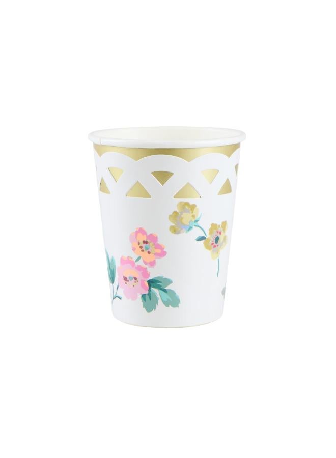 Meri Meri Basketweave Floral Cups - Pack of 8 Paper Cups with Cut-Out Basketweave Wrap & Champagne Foil, Elegant Hot & Cold Drinkware for Parties - Image 1