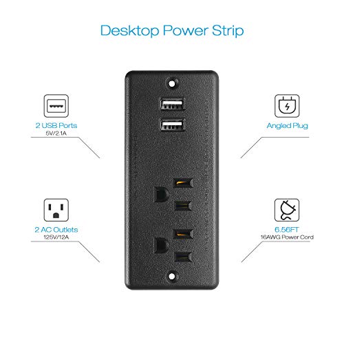 HHSOET Recessed Power Strip Flat Plug, Desk Outlet with USB, ETL Listed Conference Outlet Socket with 2 AC Plugs, 2 USB Ports Connect with 6ft Power Cord for Furniture, Home, Office(Black) - Image 2