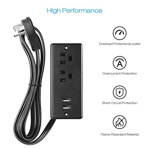 HHSOET Recessed Power Strip Flat Plug, Desk Outlet with USB, ETL Listed Conference Outlet Socket with 2 AC Plugs, 2 USB Ports Connect with 6ft Power Cord for Furniture, Home, Office(Black) - Image 4