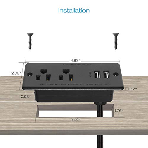HHSOET Recessed Power Strip Flat Plug, Desk Outlet with USB, ETL Listed Conference Outlet Socket with 2 AC Plugs, 2 USB Ports Connect with 6ft Power Cord for Furniture, Home, Office(Black) - Image 5