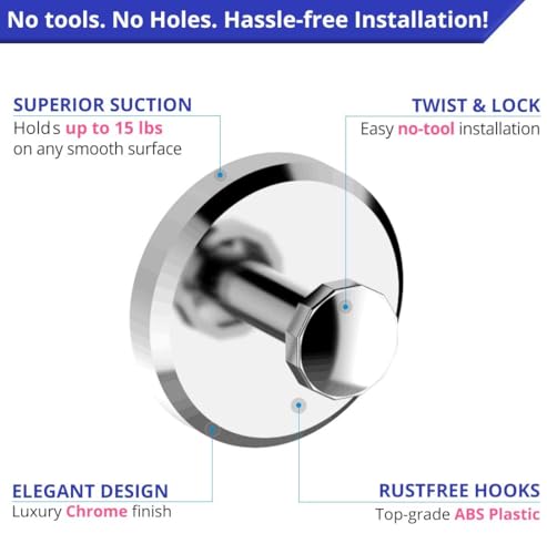 HOME SO Suction Cup Hooks for Shower Bathroom Kitchen Glass Door Mirror Tile, Diamond Collection - Removable Hook Hanger for Towel, Bath Robe, Coat, Loofah - Diamond Chrome (2-Pack) - Image 5