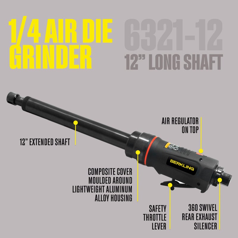 Berkling Tools BT 6321-12 | 12" Extra Long Extension 1/4â€œ Straight Air Die Grinder, Professional Grade Heavy Duty Variable High Speed (Straight, 12" Extension) - Image 3