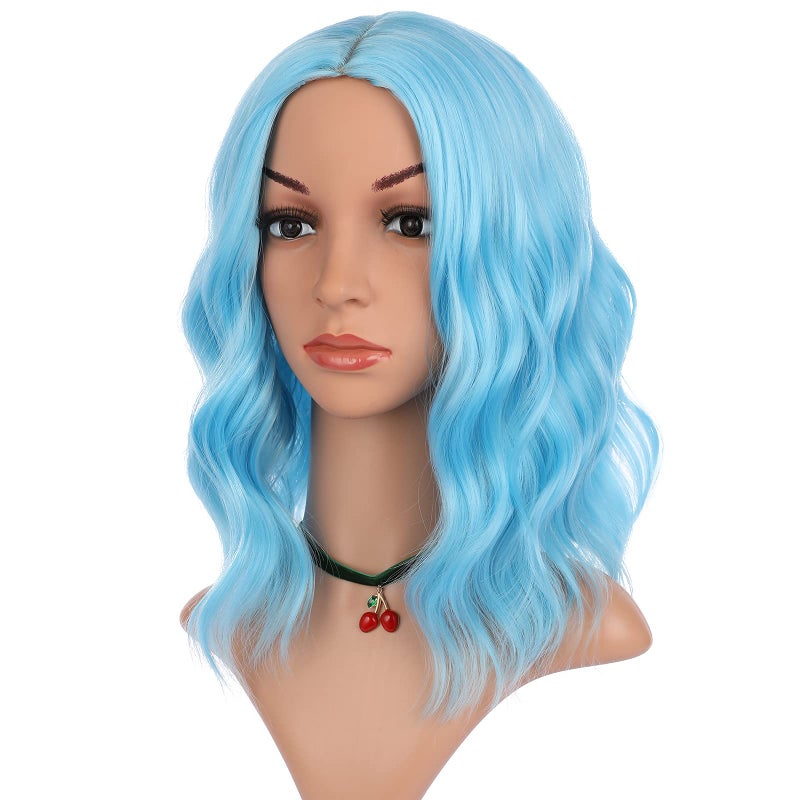 eNilecor Blue Wig Short Colored Wigs Bob Wig for Women Natural Wavy Colorful 14 Inch Middle Part Synthetic Wig for Cosplay Party CostumeSky Blue
