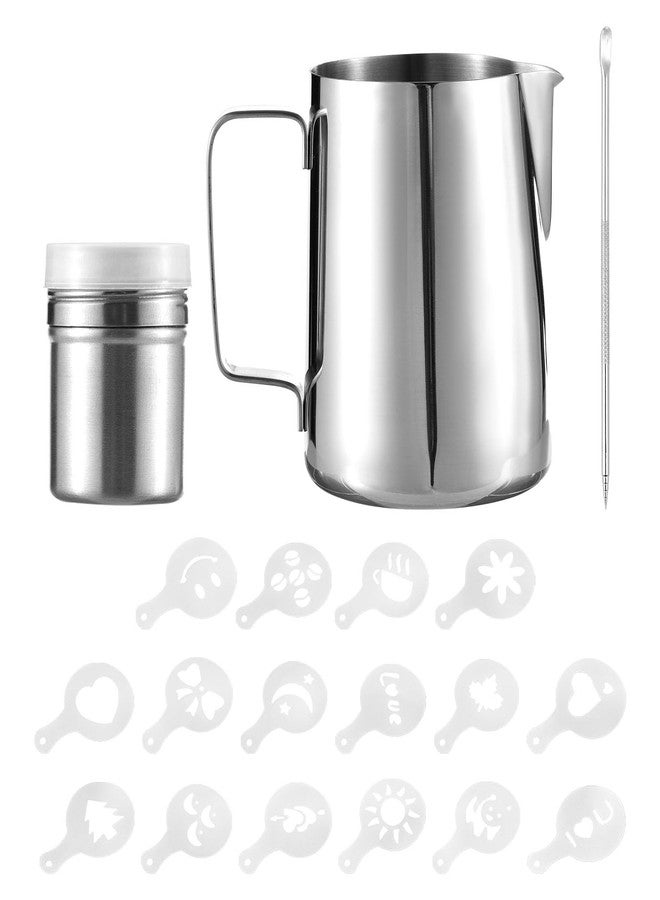 Irishom 19pcs Coffee Art Set 12oz/350ml Stainless Steel Milk Frothing Pitcher with Scale Powder Shaker Art Pen and 16pcs Coffee Decorating Stencils - Image 1