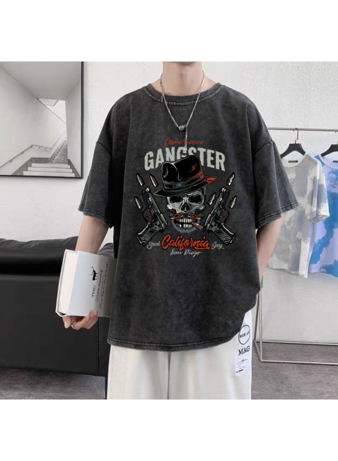 Pure Cotton Oversized 300 Jin American Skull Print T-shirt Loose Distressed Washed Short Sleeve T-shirt Summer Street T-shirt