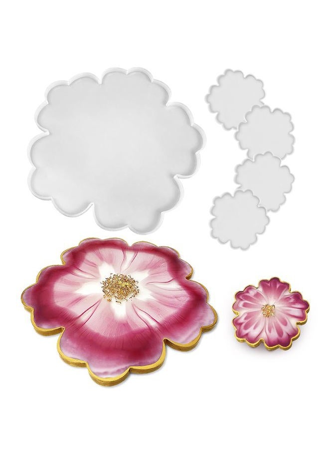 RESINWORLD Resin Tray Coaster Mold Set, 1Pc 13.5'' Large Floral Tray Mold + 4 Pack 4'' Flower Coaster Silicone Molds (No Designs on Mold) - Image 1