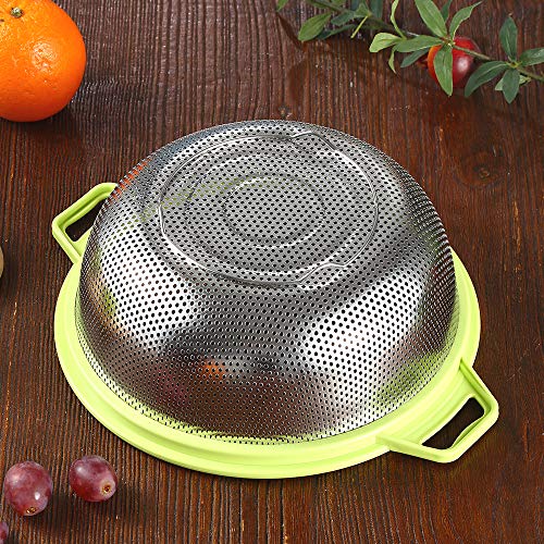 HiramWare Stainless Steel Colander With Handle and Legs, Large Metal Green Strainer for Pasta, Spaghetti, Berry, Veggies, Fruits, Noodles, Salads, 5-quart 10.5” Kitchen Mesh Colander, Dishwasher Safe - Image 4