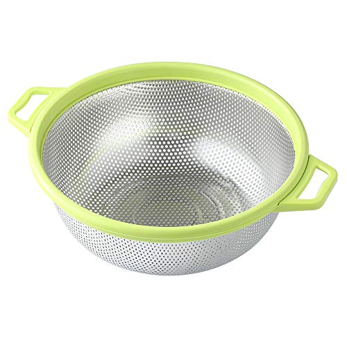 HiramWare Stainless Steel Colander With Handle and Legs, Large Metal Green Strainer for Pasta, Spaghetti, Berry, Veggies, Fruits, Noodles, Salads, 5-quart 10.5” Kitchen Mesh Colander, Dishwasher Safe - Image 1