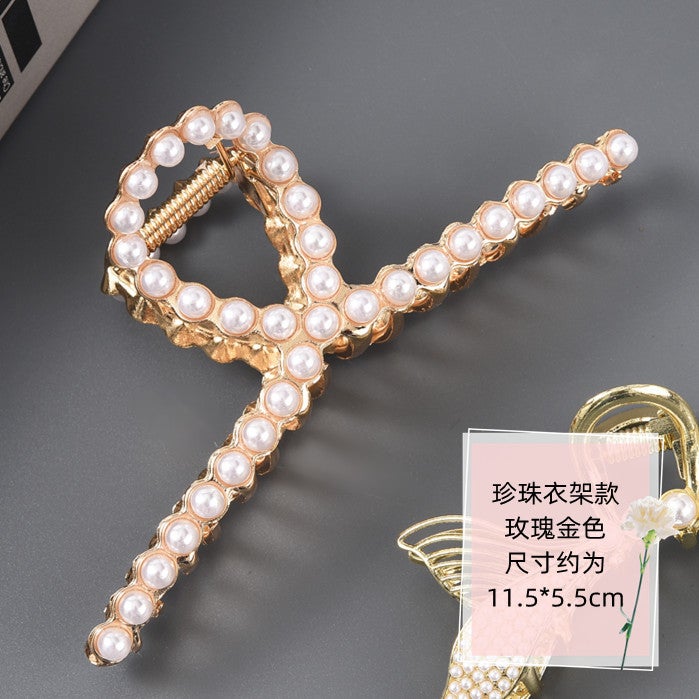Loquat Elegant Pearl Hairpin Womens Back of Head Cyber Celebrity Large Hair Scratch Shark Clip Leopard Scratch Metal Hairpin Headwear 25## Pearl hanger rose gold