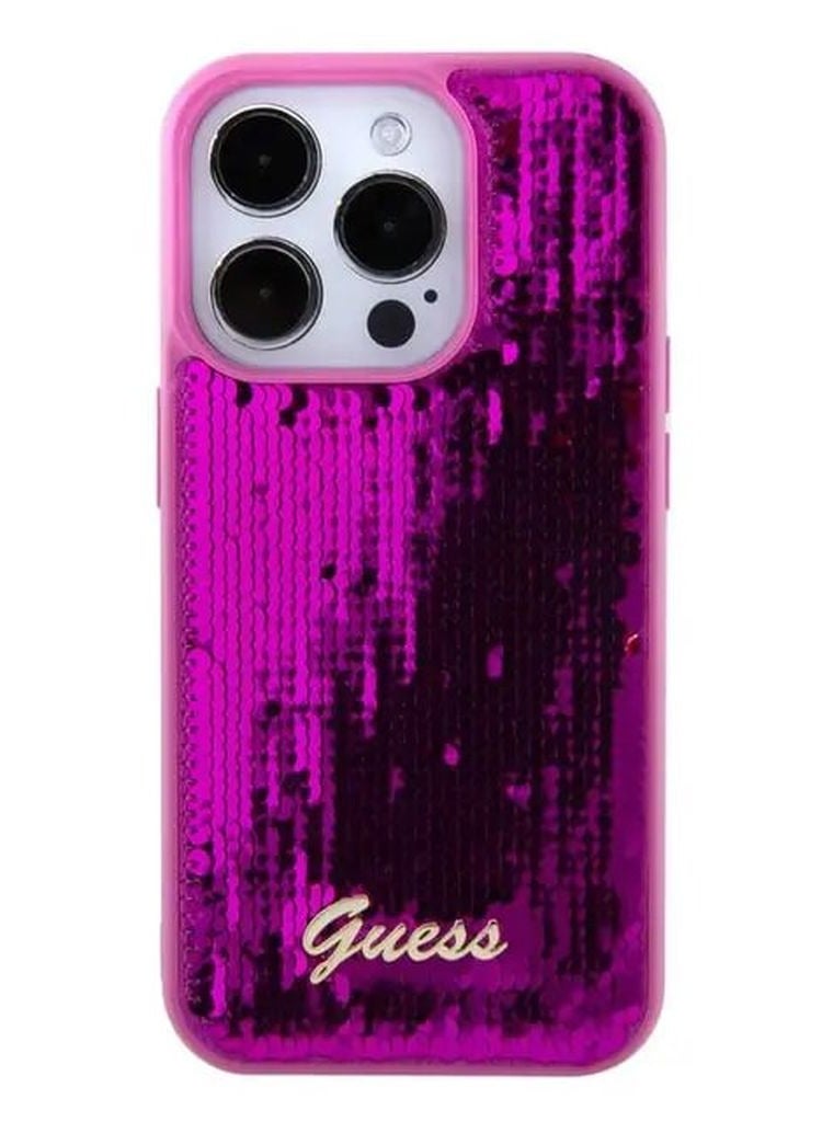 GUESS Sequin Script Case with Guess Metal Logo for iPhone 15 Pro - Puschia - Image 1