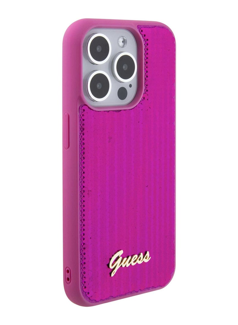 GUESS Sequin Script Case with Guess Metal Logo for iPhone 15 Pro - Puschia - Image 3
