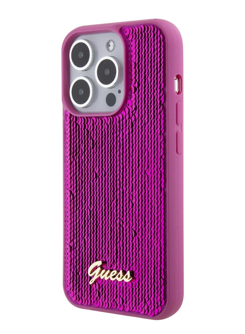 GUESS Sequin Script Case with Guess Metal Logo for iPhone 15 Pro - Puschia - Image 2