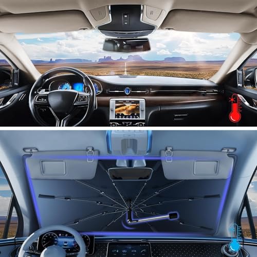 JASVIC 2026 Windshield Sun Shade Umbrella, Foldable Car Sunshade for Mid-Size Sedan, 360 Rotating Automotive Interior Sun Protection for 99% Heat UV Blocking, Auto Heat Shield Accessories(Medium) - Image 2
