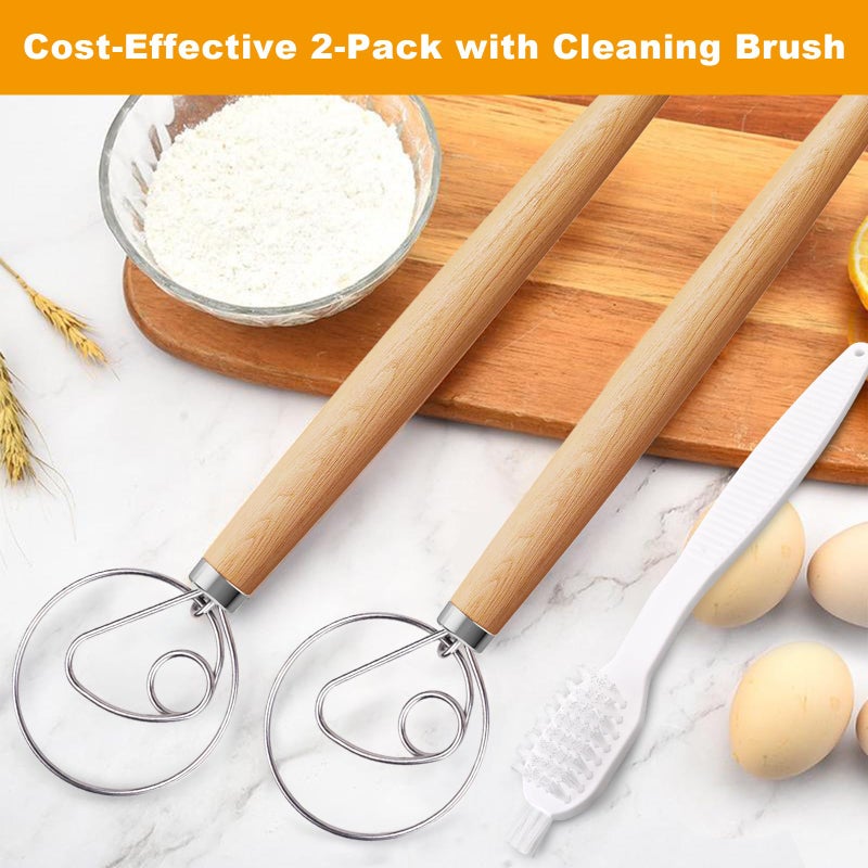 Aqdocvf 2-Pack Danish Dough Whisk, 13-Inch Dutch Whisk with Stainless Steel Ring, Dutch Bread Whisks for Sourdough, Pizza, Pastry, and Cookies, Essential Kitchen Cooking Safe Mixing Tool - Image 2