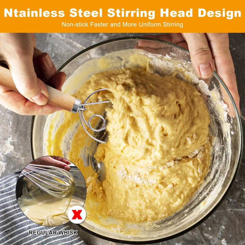 Aqdocvf 2-Pack Danish Dough Whisk, 13-Inch Dutch Whisk with Stainless Steel Ring, Dutch Bread Whisks for Sourdough, Pizza, Pastry, and Cookies, Essential Kitchen Cooking Safe Mixing Tool - Image 3