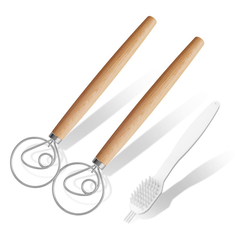 Aqdocvf 2-Pack Danish Dough Whisk, 13-Inch Dutch Whisk with Stainless Steel Ring, Dutch Bread Whisks for Sourdough, Pizza, Pastry, and Cookies, Essential Kitchen Cooking Safe Mixing Tool - Image 1