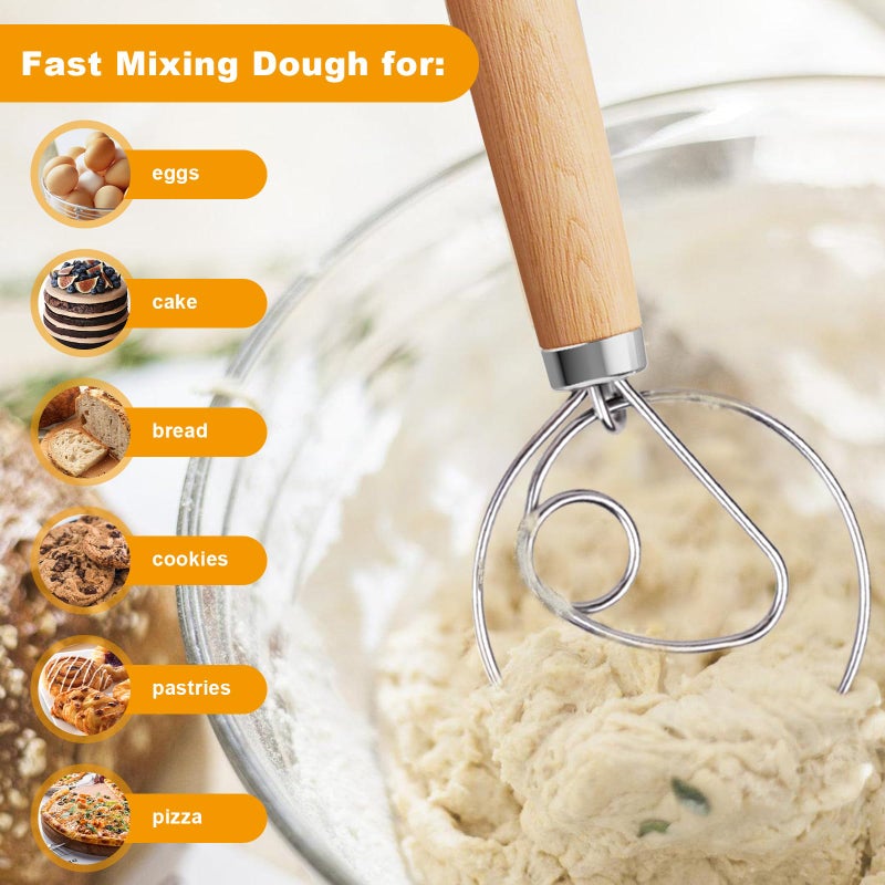 Aqdocvf 2-Pack Danish Dough Whisk, 13-Inch Dutch Whisk with Stainless Steel Ring, Dutch Bread Whisks for Sourdough, Pizza, Pastry, and Cookies, Essential Kitchen Cooking Safe Mixing Tool - Image 4