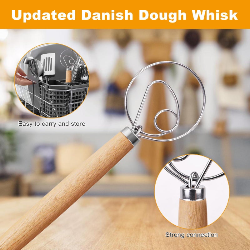 Aqdocvf 2-Pack Danish Dough Whisk, 13-Inch Dutch Whisk with Stainless Steel Ring, Dutch Bread Whisks for Sourdough, Pizza, Pastry, and Cookies, Essential Kitchen Cooking Safe Mixing Tool - Image 5