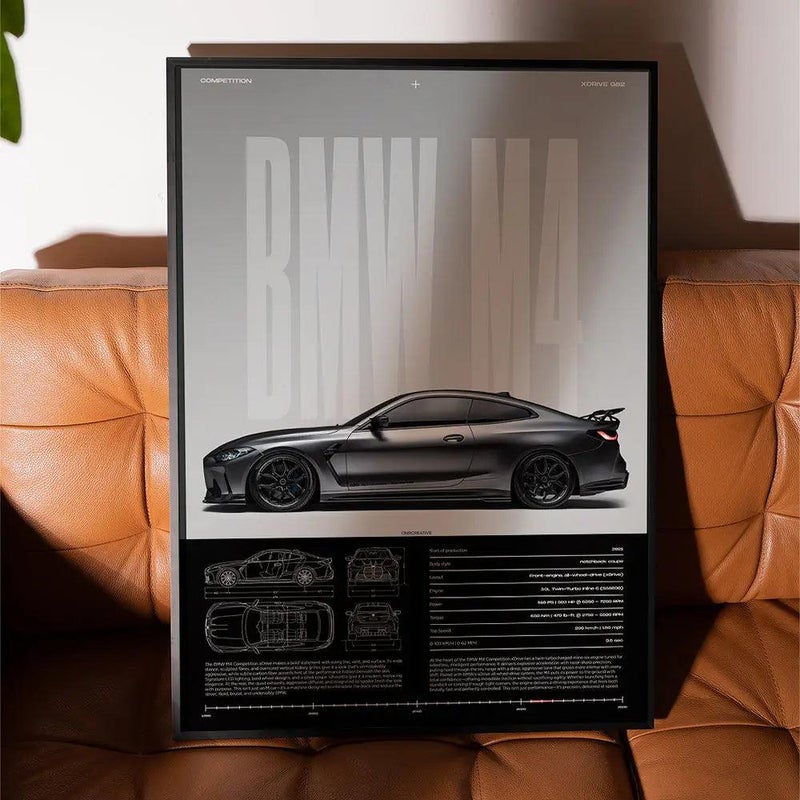 TNESSENTIAL BMW M4 Competition Blueprint Poster, Luxury Sports Car Wall Art Print Decor - Image 1