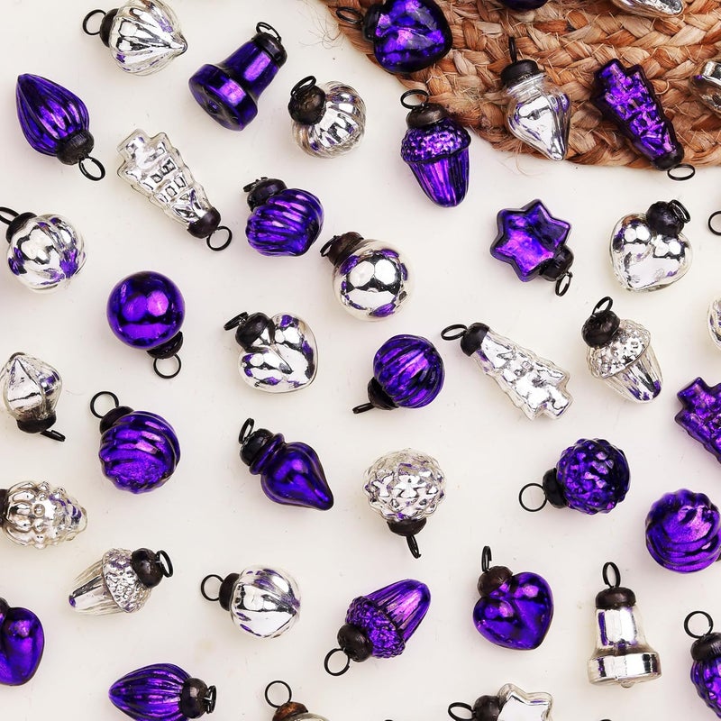 Indian-Shelf 50 Pieces Glass Silver Purple Christmas Ornaments Decorative Mercury Mini Vintage Bulk Hanging Ornaments for Halloween Christmas Tree New Year Valentine Day Holidays Event and Wedding Party Decor - Image 1