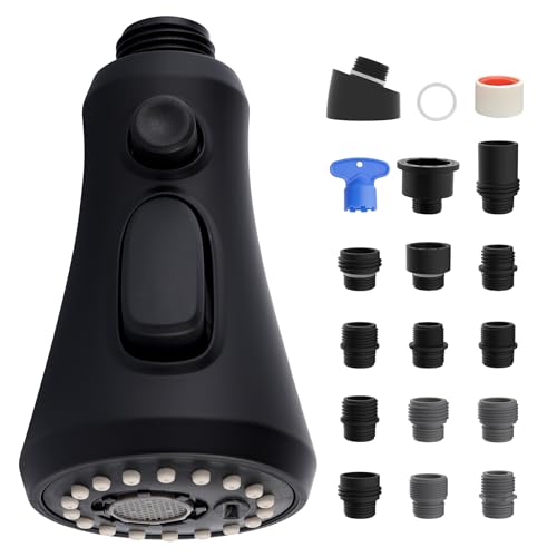 iFealClear Universal Pull Down Kitchen Faucet Head Replacement Compatible with Moen, American Standard, Delta, Faucets, 3 Function Faucet Head Sprayer Nozzle for Kitchen Sink, 15 Adapters, Black - Image 1