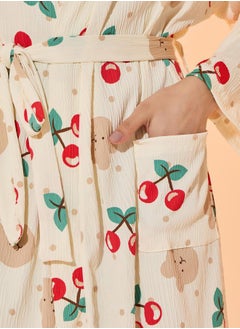 Take Two Cherry & Bear Print Robe with Tie-Up Belt and Pockets  - Image 3