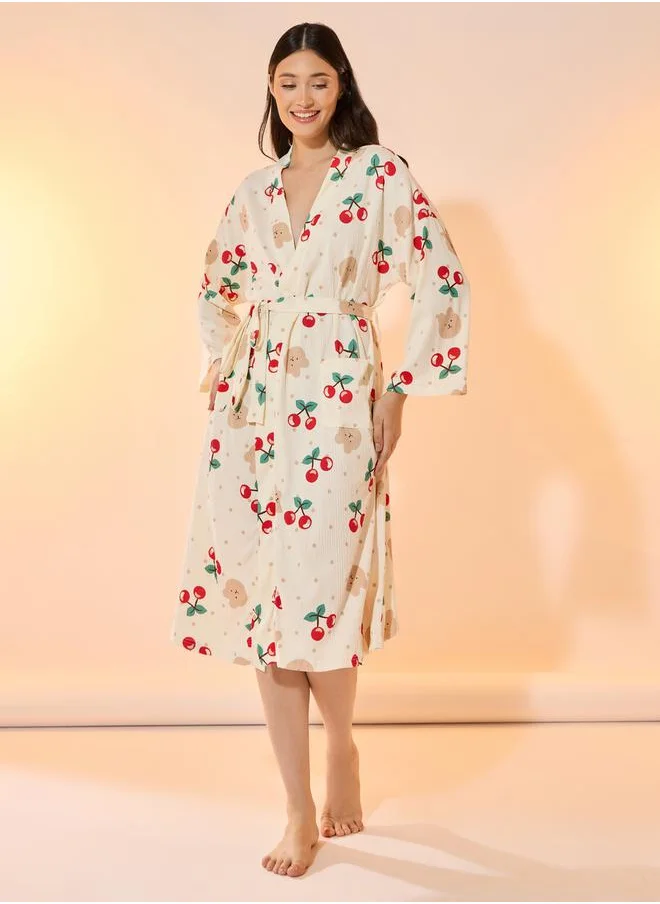 تايك تو Cherry & Bear Print Robe with Tie-Up Belt and Pockets