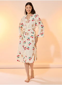 Take Two Cherry & Bear Print Robe with Tie-Up Belt and Pockets  - Image 1
