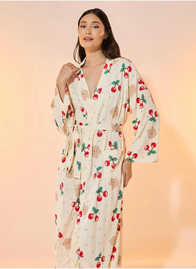 تايك تو Cherry & Bear Print Robe with Tie-Up Belt and Pockets