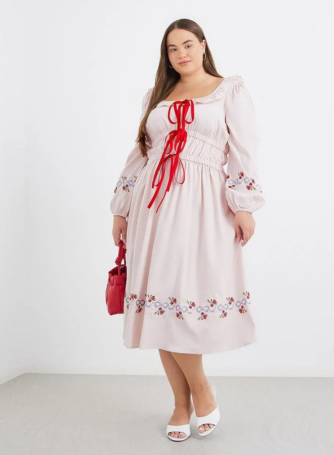 Styli Styli Plus Size Midi Dress with Bow Tie-Up Detail