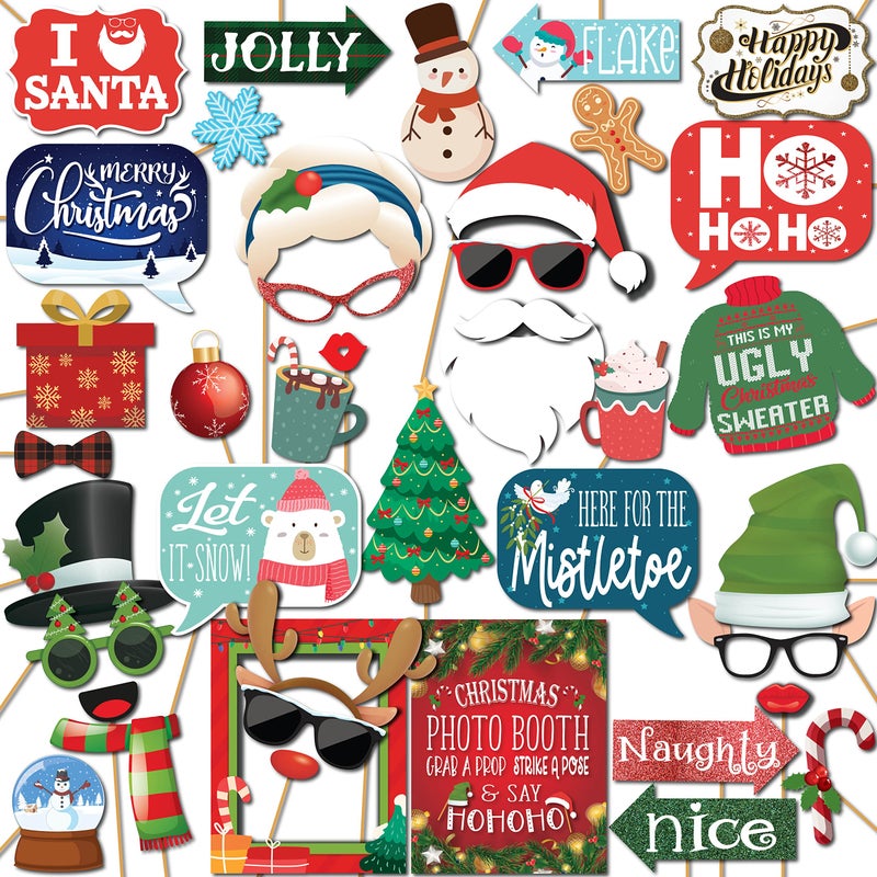 Christmas Photo Booth Props 41pc Photobooth Kit with 8 x 10Inch Sign 60 Adhesive Pads 45 Sticks Christmas Photobooth Props Holiday Photobooth Prop