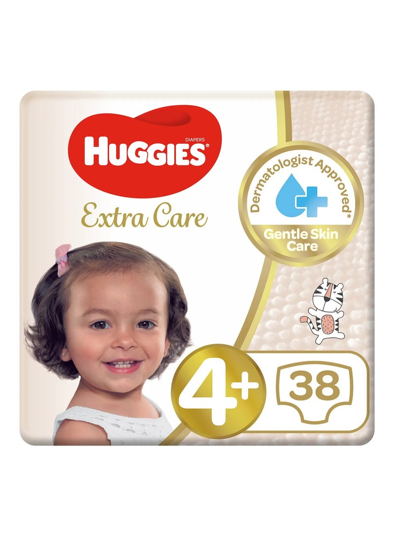 Huggies Extra Care Tape Stye Diapers, 38 Pieces, Size 4+, 10-16kg - 12h Protection, Dermatologist Approved, Breathable