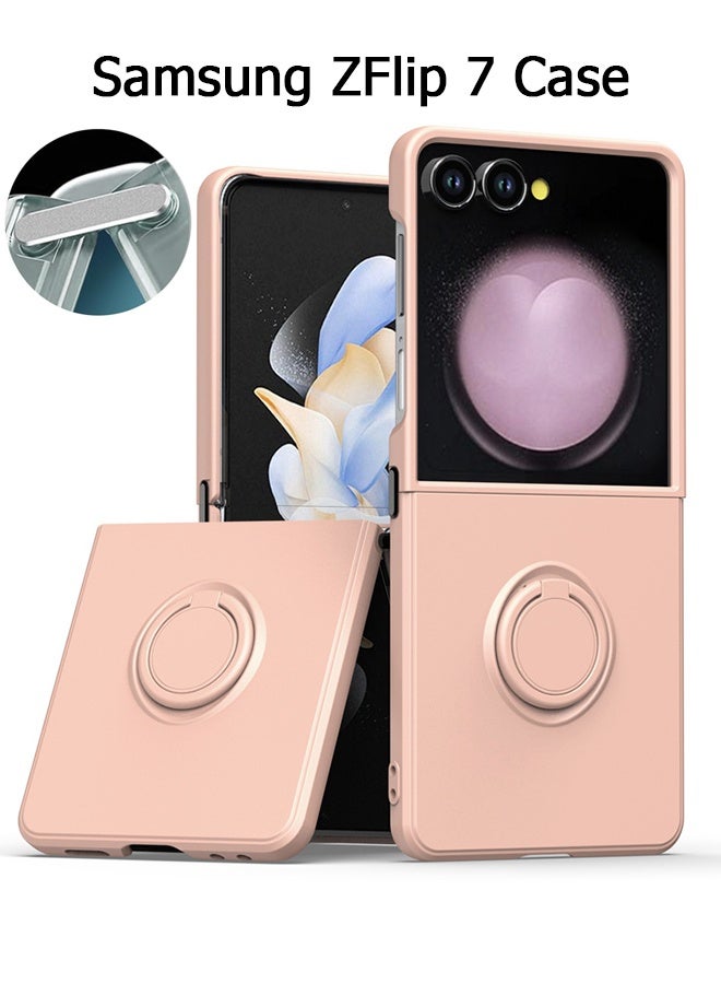 For Samsung Galaxy Z Flip 7 Case [with 360° Rotatable Ring Stand] [Support Magnetic Car Mount] - Hard PC and Soft TPU Cover - with Shockproof Bumper and Anti-Scratch Back - Metal Connector Folding Convenient - Sandstone Powder