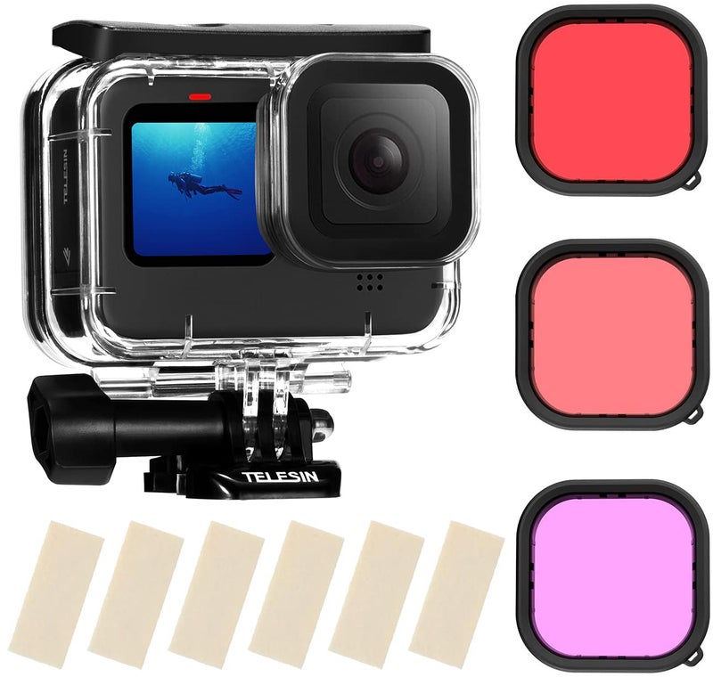 TELESIN TELESIN Waterproof Case with 3-Pack Dive Filter for GoPro Hero 13 Hero 12 Hero 11 Hero 10 Hero 9 Black Supports 60M/196FT Underwater Scuba Snorkeling Deep Diving with Red Magenta Filter Go Pro - Image 1