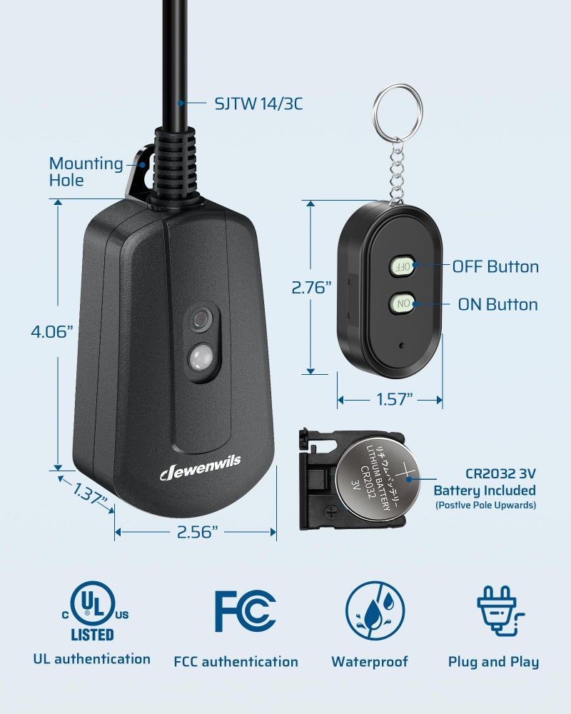 DEWENWILS Outdoor Wireless Remote Control Outlet, 15 amp Heavy Duty Weatherproof Remote Controlled Light Switch for Lights String Lights, 100 Feet Range, UL Listed - Image 5